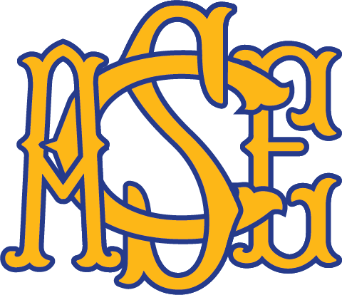 Yellow and blue ornate letters on black background.