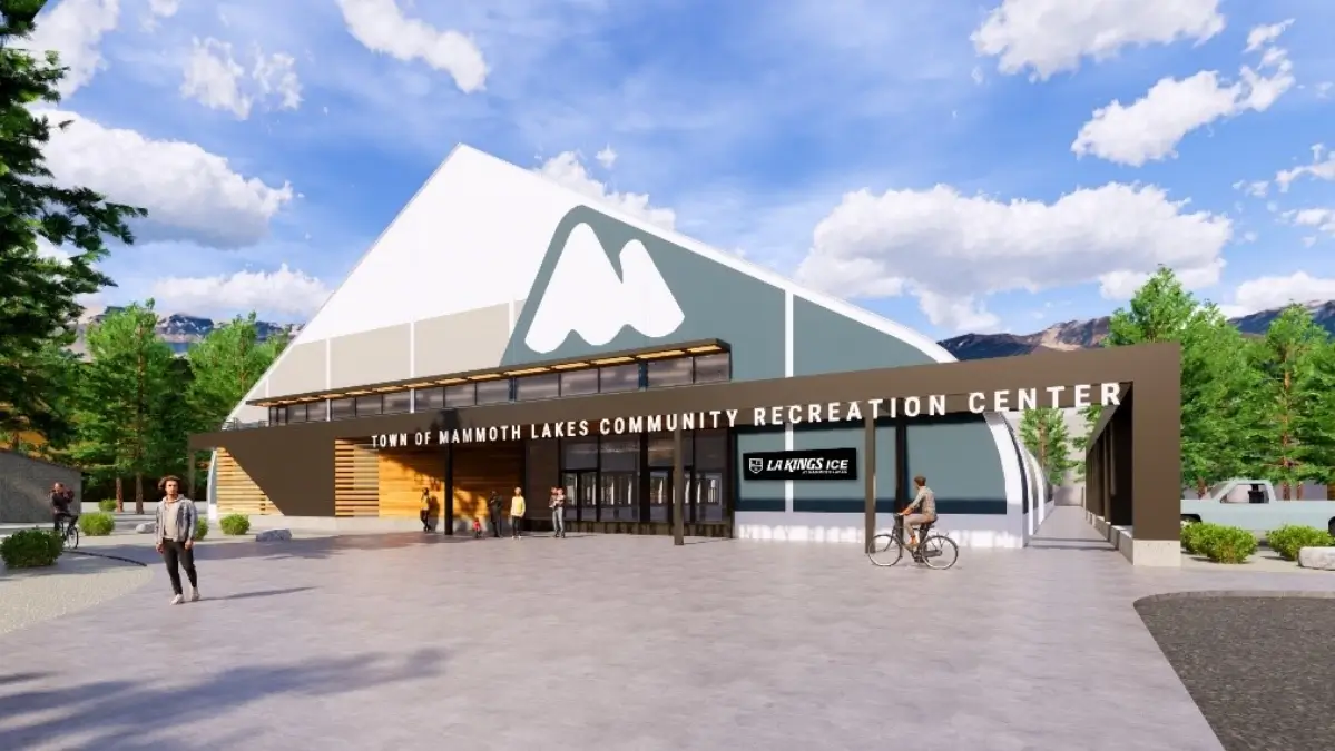 A rendering of the front entrance to the city of barmouth lakes community recreation center.