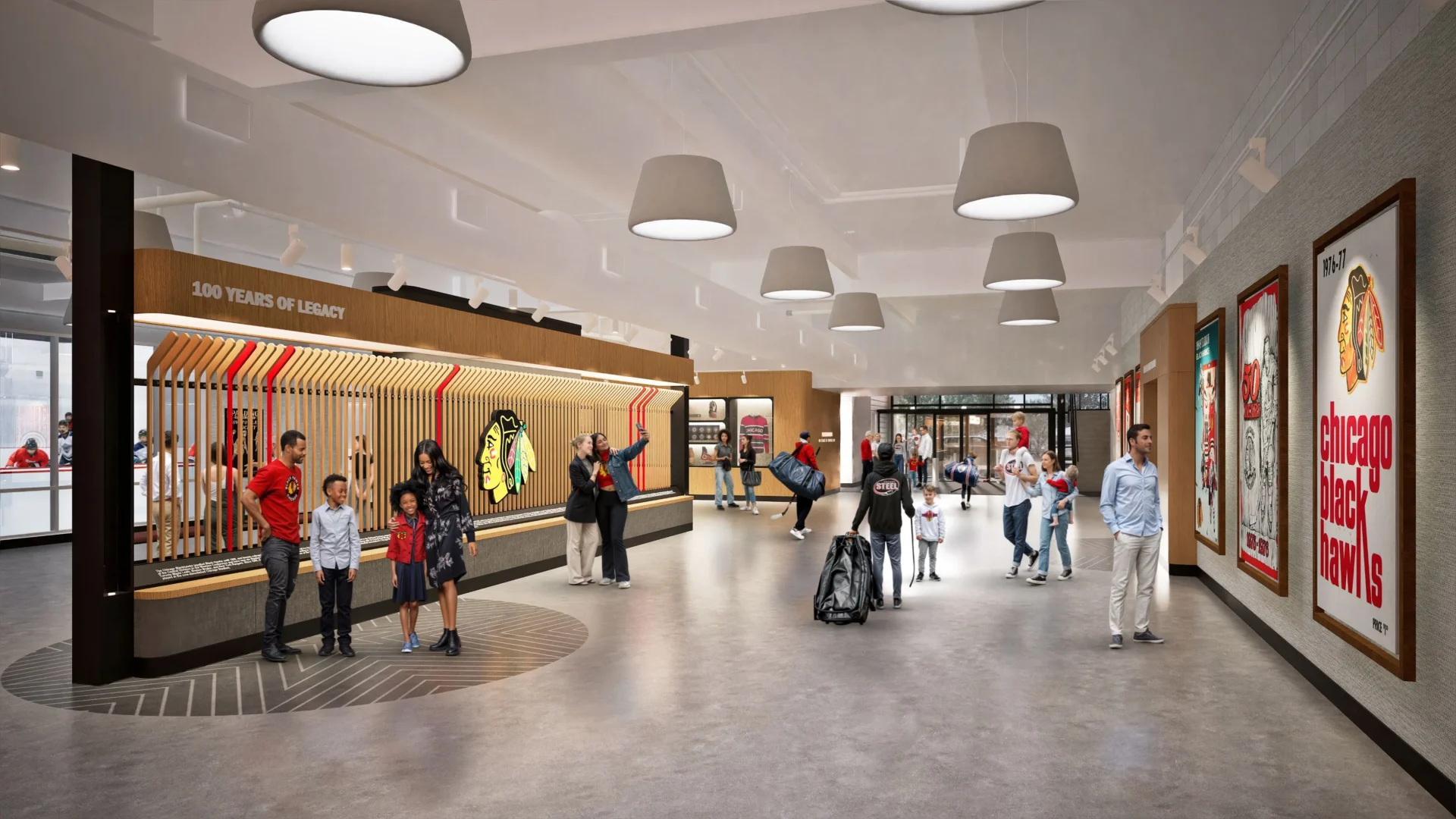 People inside a sports-themed museum exhibit.