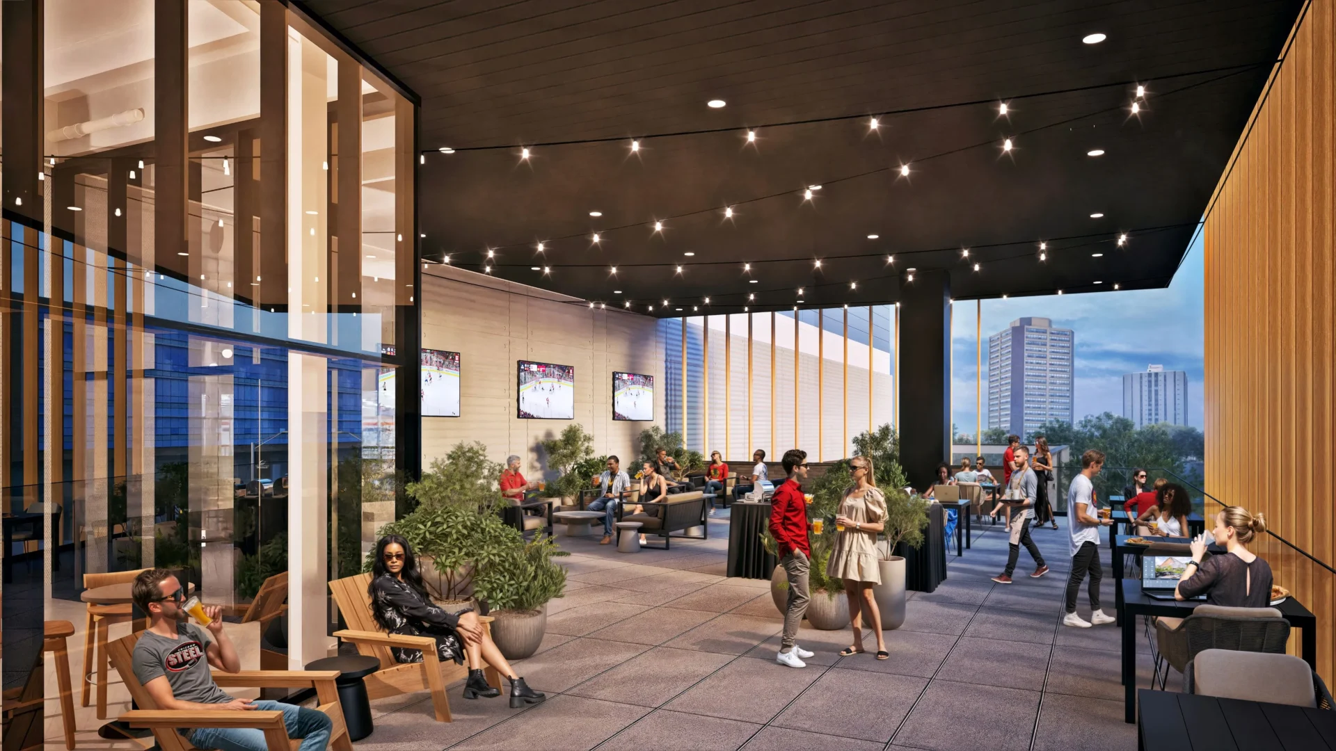 People socializing on a modern rooftop terrace.